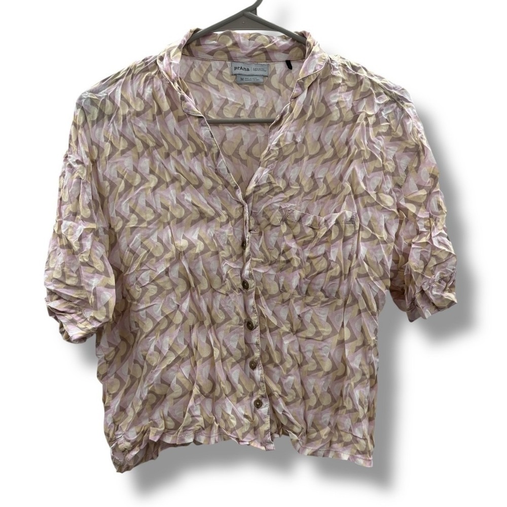 Prana Button Down Shirt Medium‎ Tan Pink Geometric Tencel Modal Short Sleeve